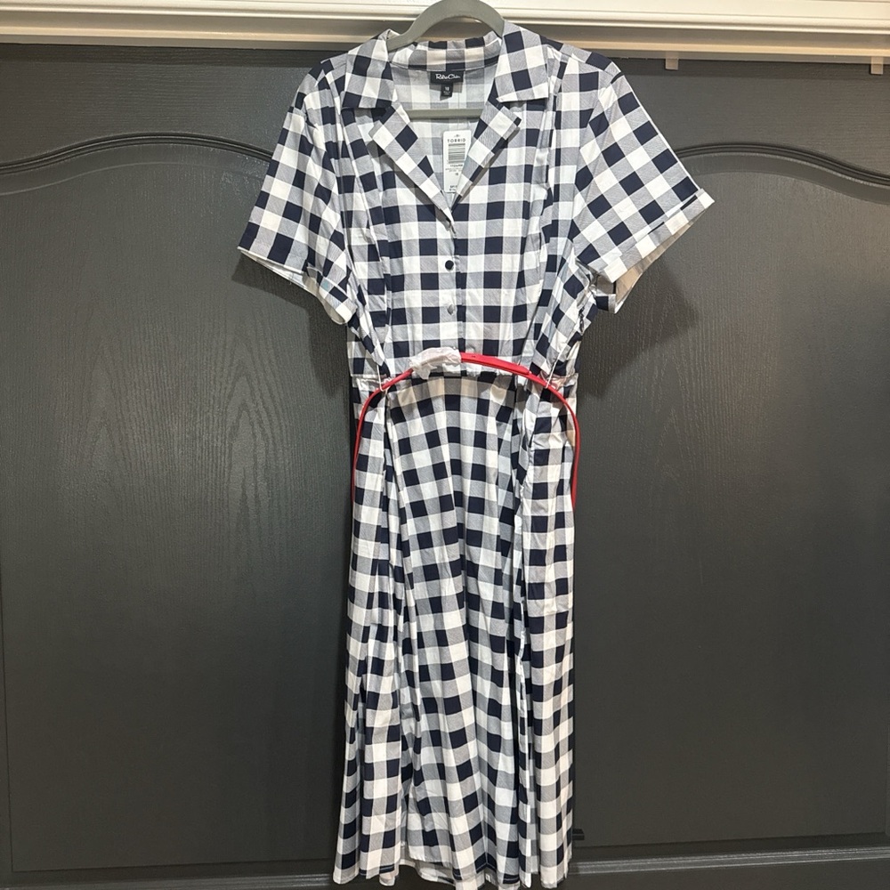 Torrid Retro Chic Blue and White Gingham Midi Dress with Red Accent